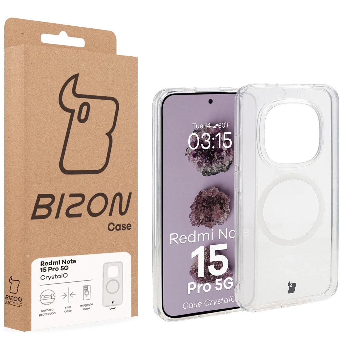 Handyhülle mit Magnetring für Xiaomi Redmi Note 15 Pro 5G, Bizon Case CrystalO, Transparent