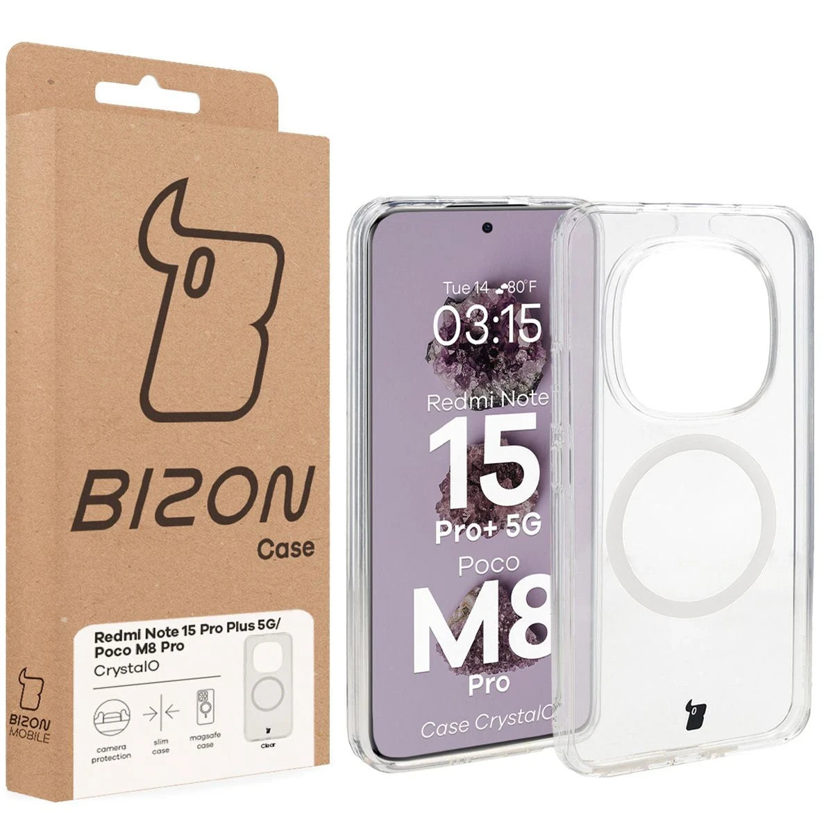 Handyhülle mit Magnetring für Xiaomi Redmi Note 15 Pro Plus 5G / Poco M8 Pro, Bizon Case CrystalO, Transparent