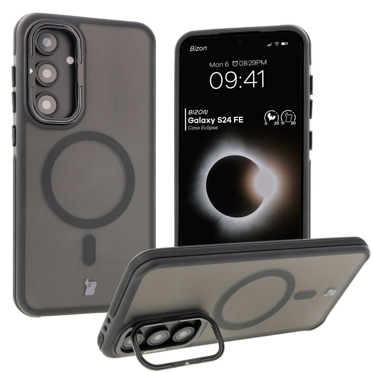 Handyhülle mit Ständer und Magnetring für Galaxy S24 FE, Bizon Case Eclipse, Getönte mit schwarzem Rahmen
