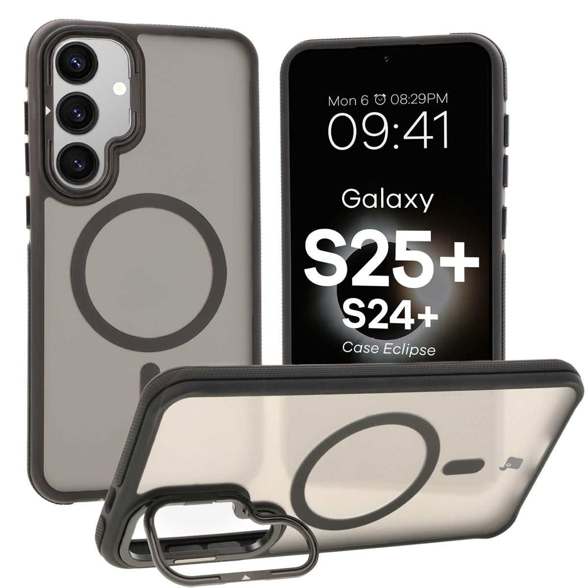 Handyhülle mit Ständer und Magnetring für Galaxy S25 Plus/S24 Plus, Bizon Case Eclipse, Getönte mit schwarzem Rahmen
