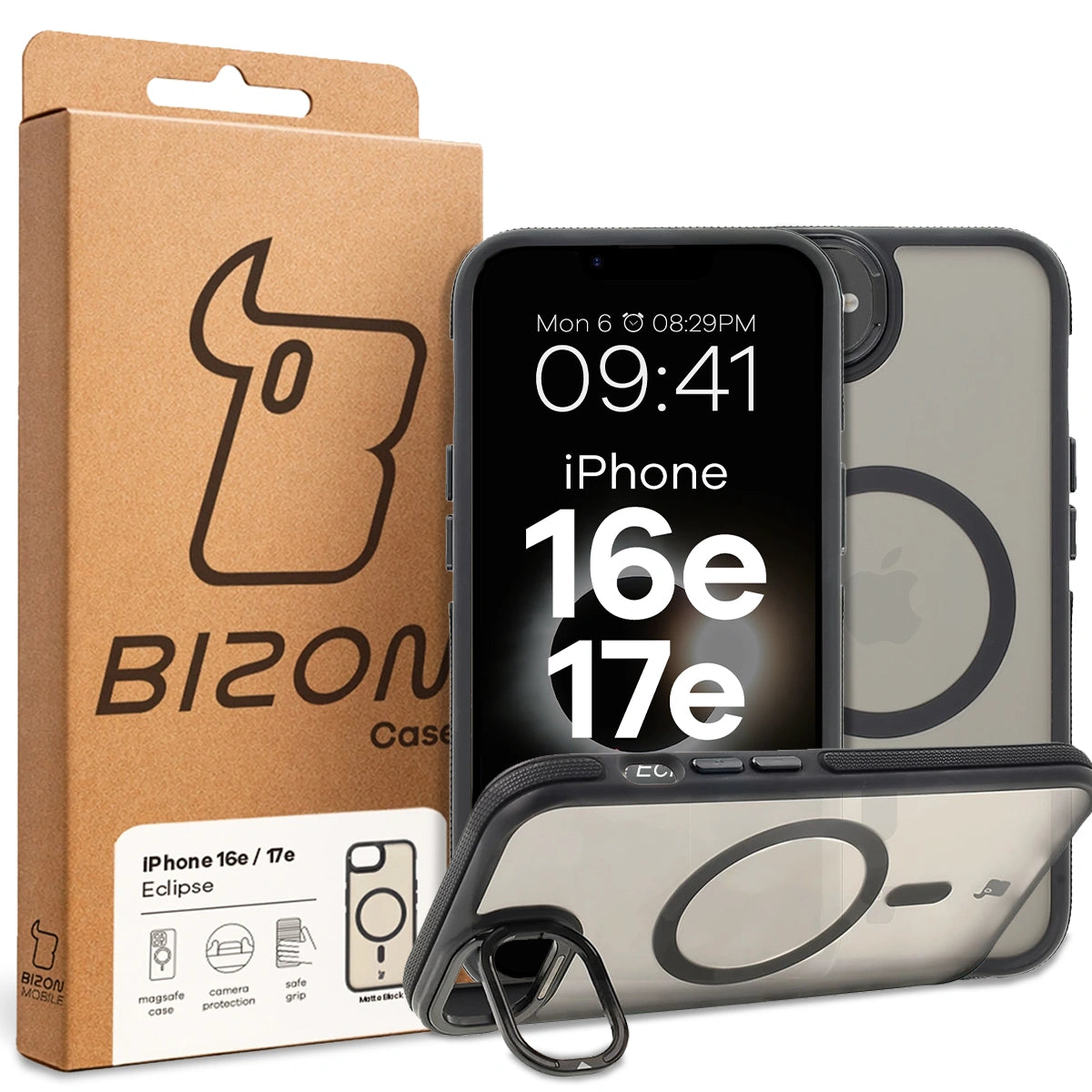 Handyhülle mit Ständer und Magnetring für iPhone 17e / 16e, Bizon Case Eclipse, Getönte mit schwarzem Rahmen