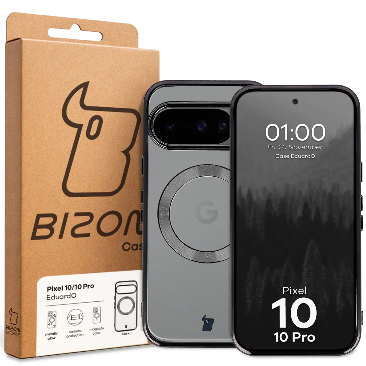 Handyhülle mit Magnetring für Google Pixel 10 / 10 Pro, Bizon Case EduardO, Transparent-Schwarz