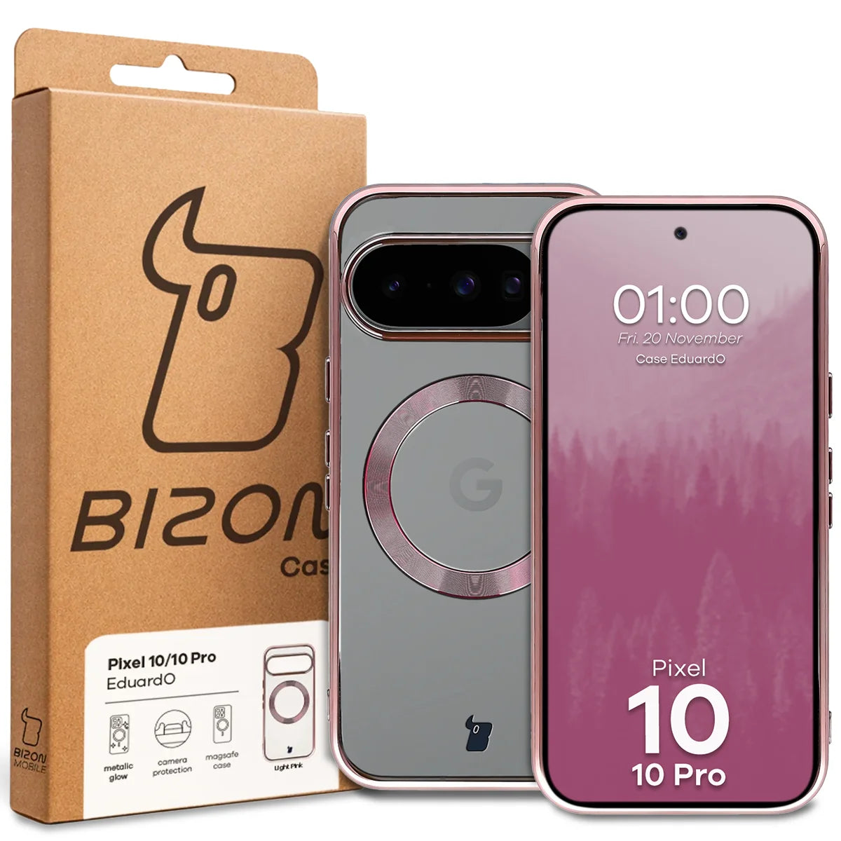Handyhülle mit Magnetring für Google Pixel 10 / 10 Pro, Bizon Case EduardO, Transparent-Rosa