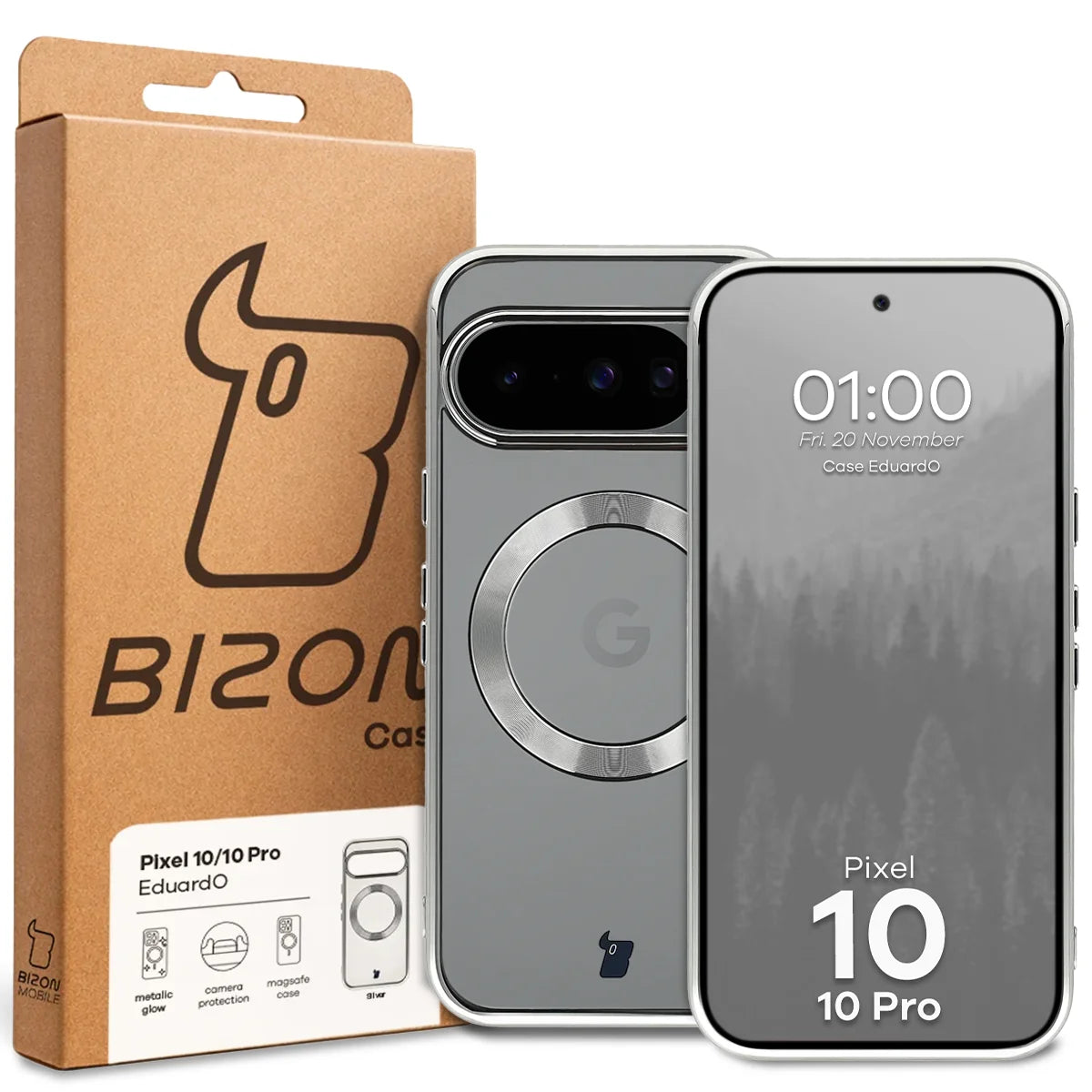 Handyhülle mit Magnetring für Google Pixel 10 / 10 Pro, Bizon Case EduardO, Transparent-Silbern