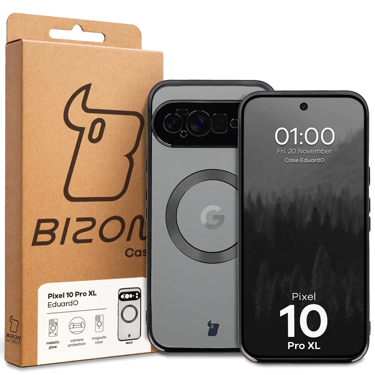 Handyhülle mit Magnetring für Google Pixel 10 Pro XL, Bizon Case EduardO, Transparent-Schwarz