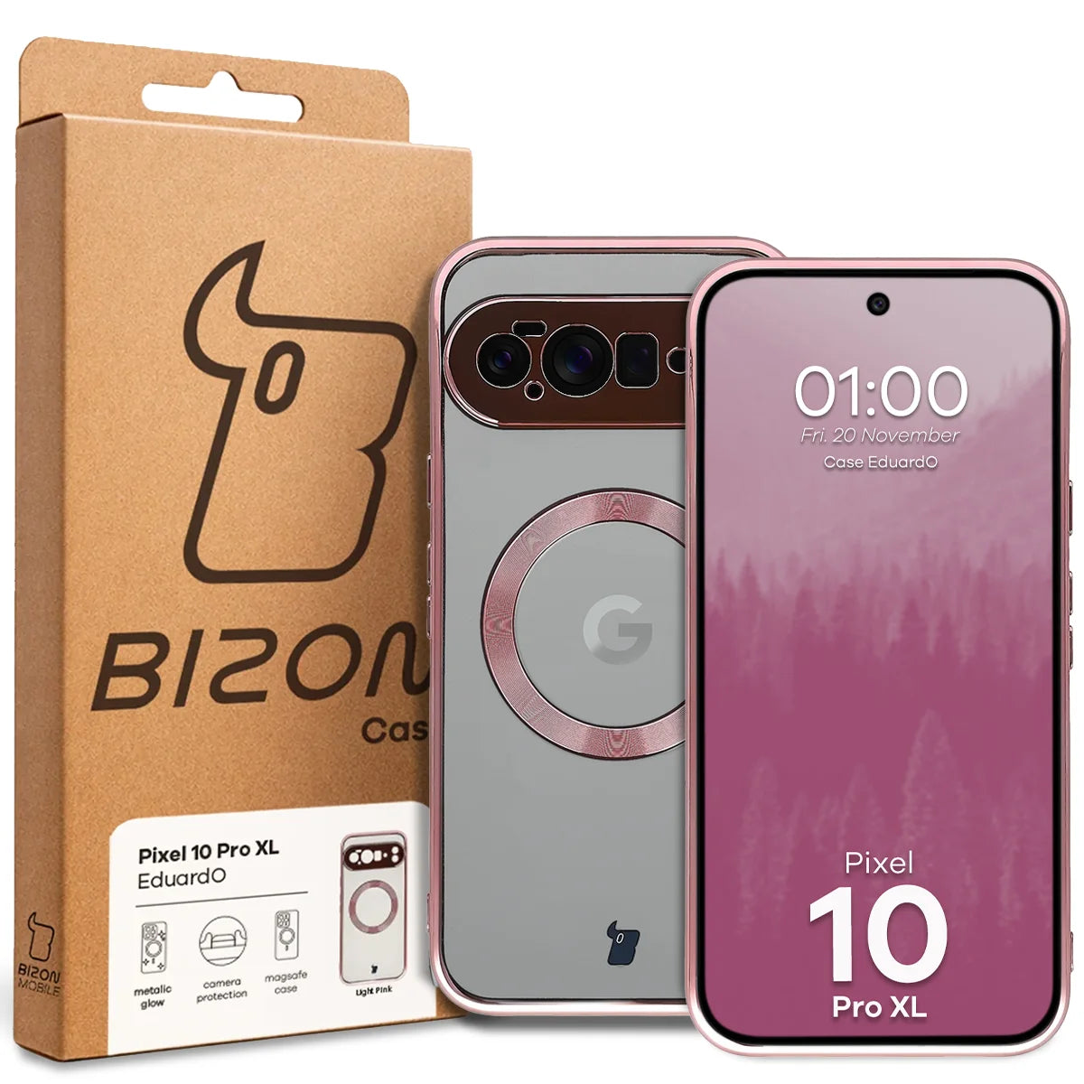 Handyhülle mit Magnetring für Google Pixel 10 Pro XL, Bizon Case EduardO, Transparent-Rosa