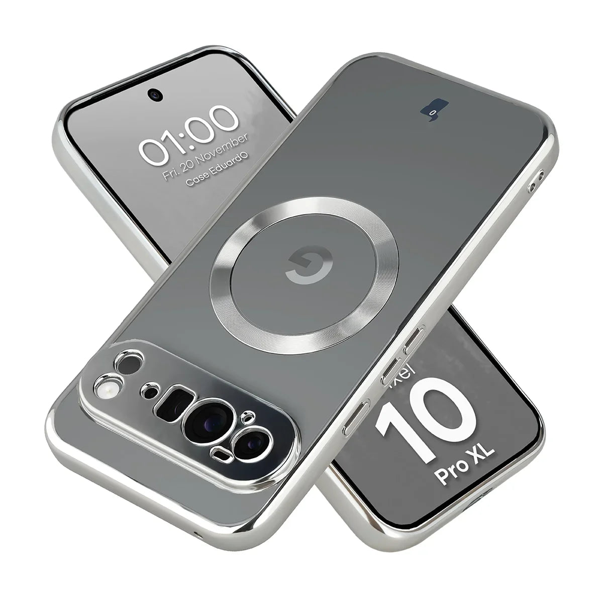 Handyhülle mit Magnetring für Google Pixel 10 Pro XL, Bizon Case EduardO, Transparent-Silbern