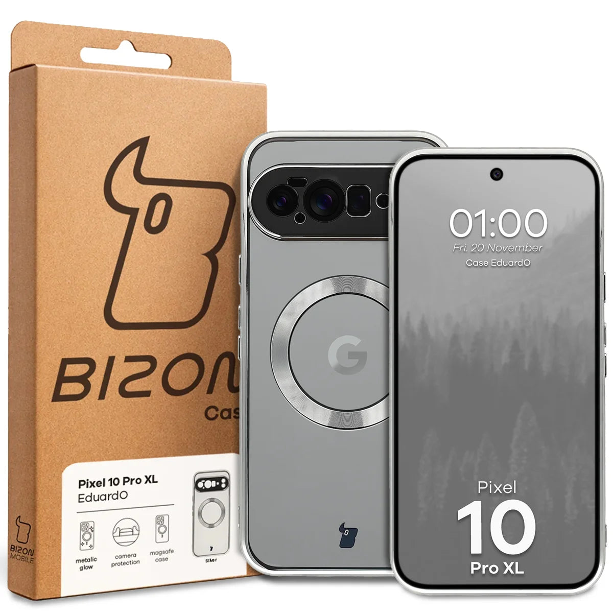 Handyhülle mit Magnetring für Google Pixel 10 Pro XL, Bizon Case EduardO, Transparent-Silbern