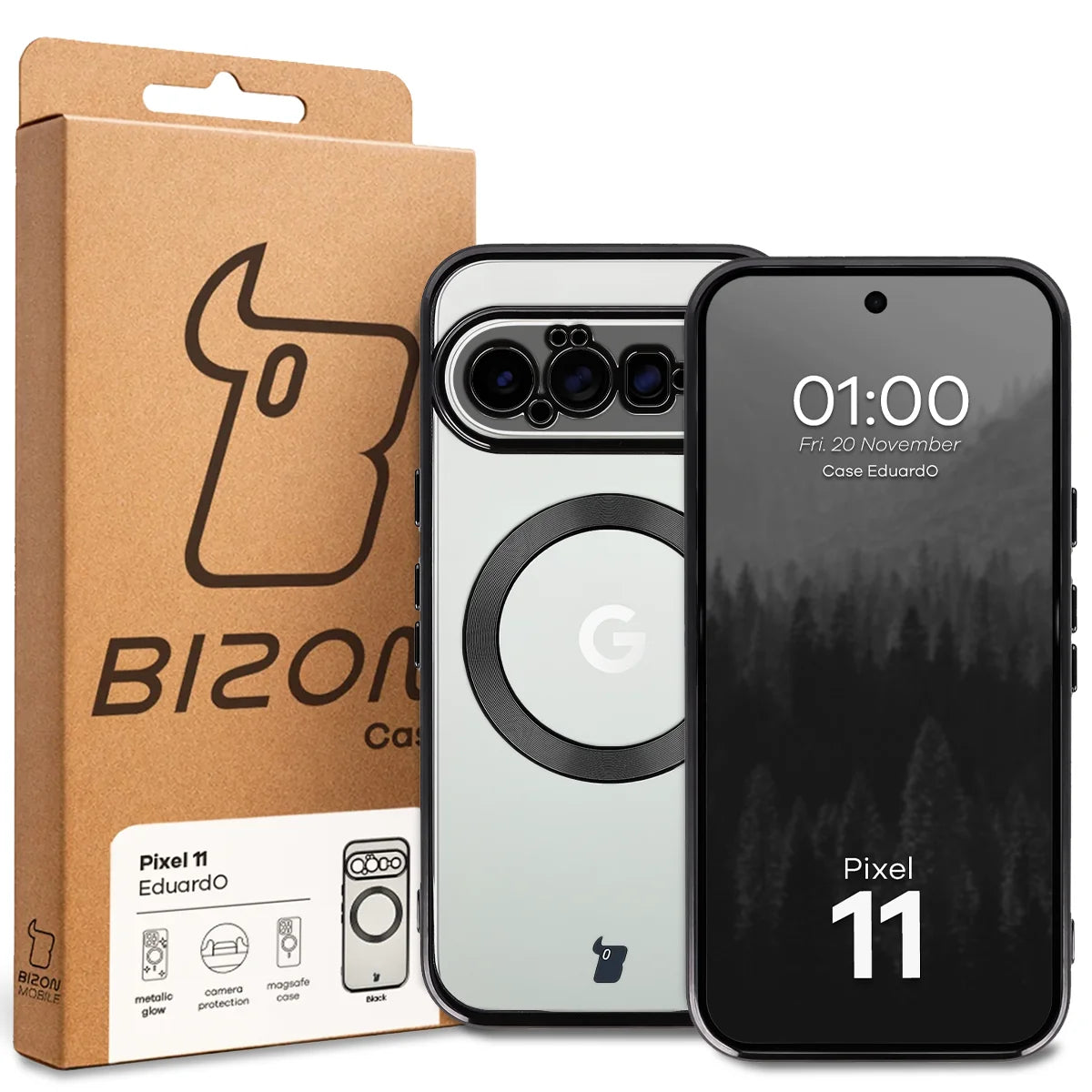 Handyhülle mit Magnetring für Google Pixel 11, Bizon Case EduardO, Transparent-Schwarz