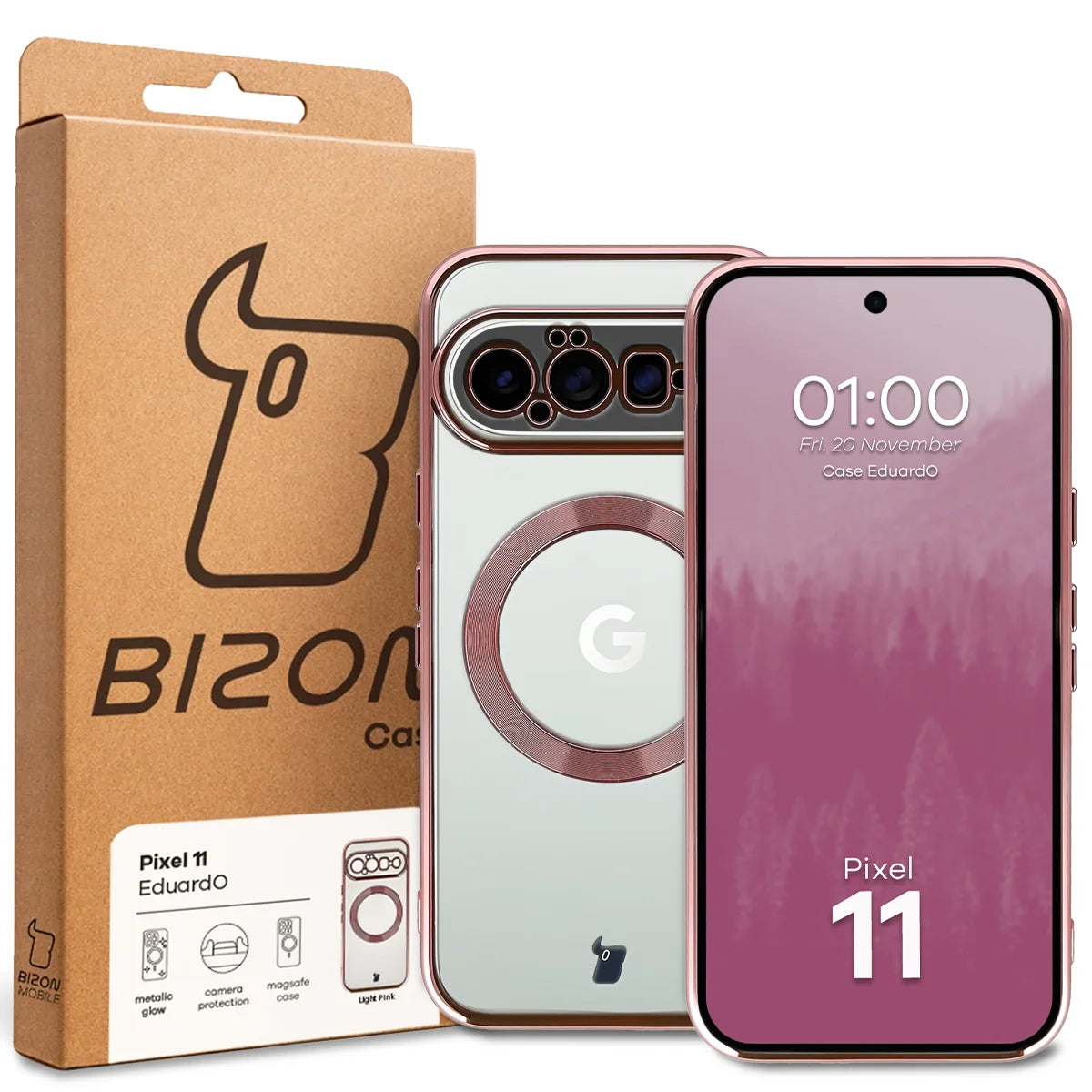Handyhülle mit Magnetring für Google Pixel 11, Bizon Case EduardO, Transparent-Rosa