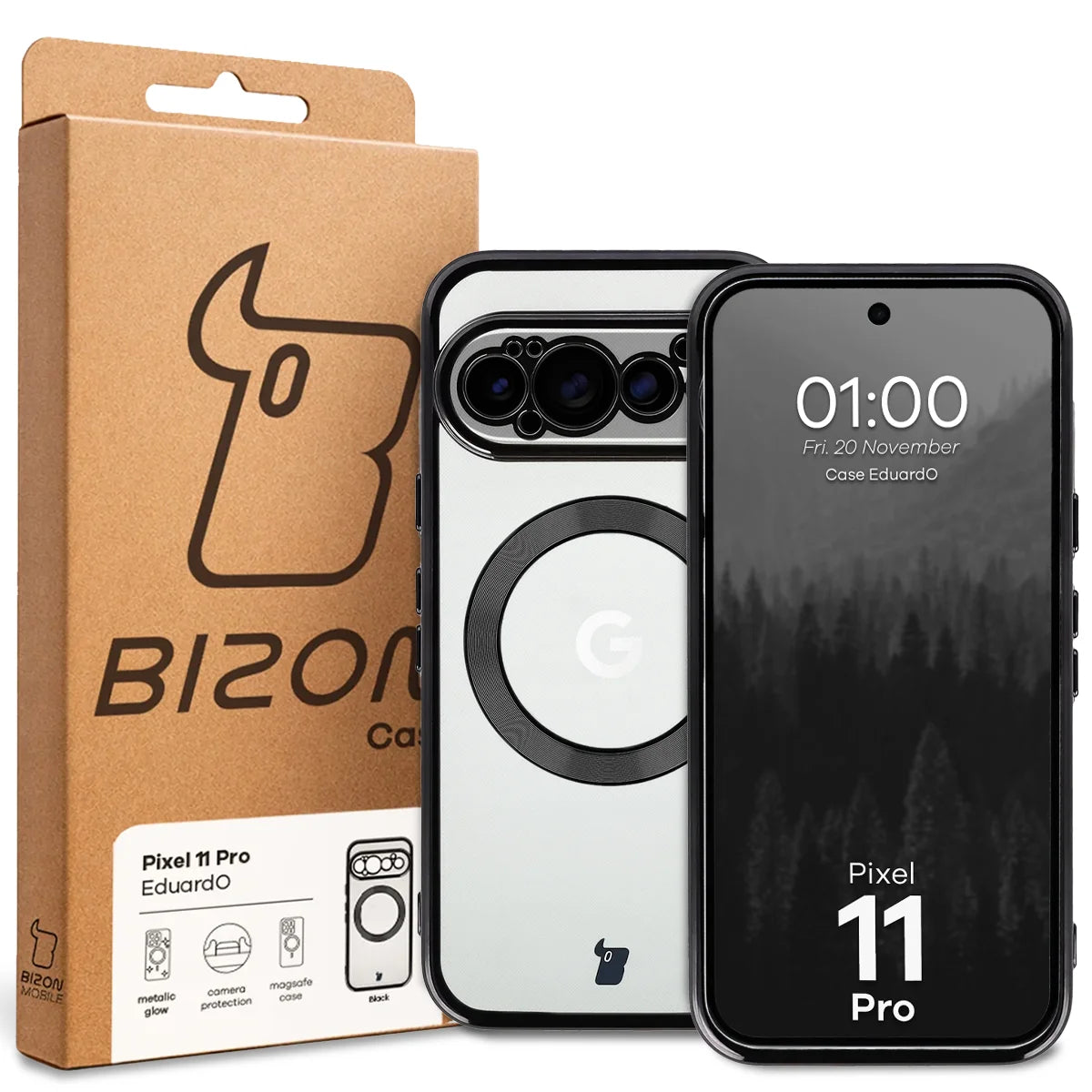 Handyhülle mit Magnetring für Google Pixel 11 Pro, Bizon Case EduardO, Transparent-Schwarz