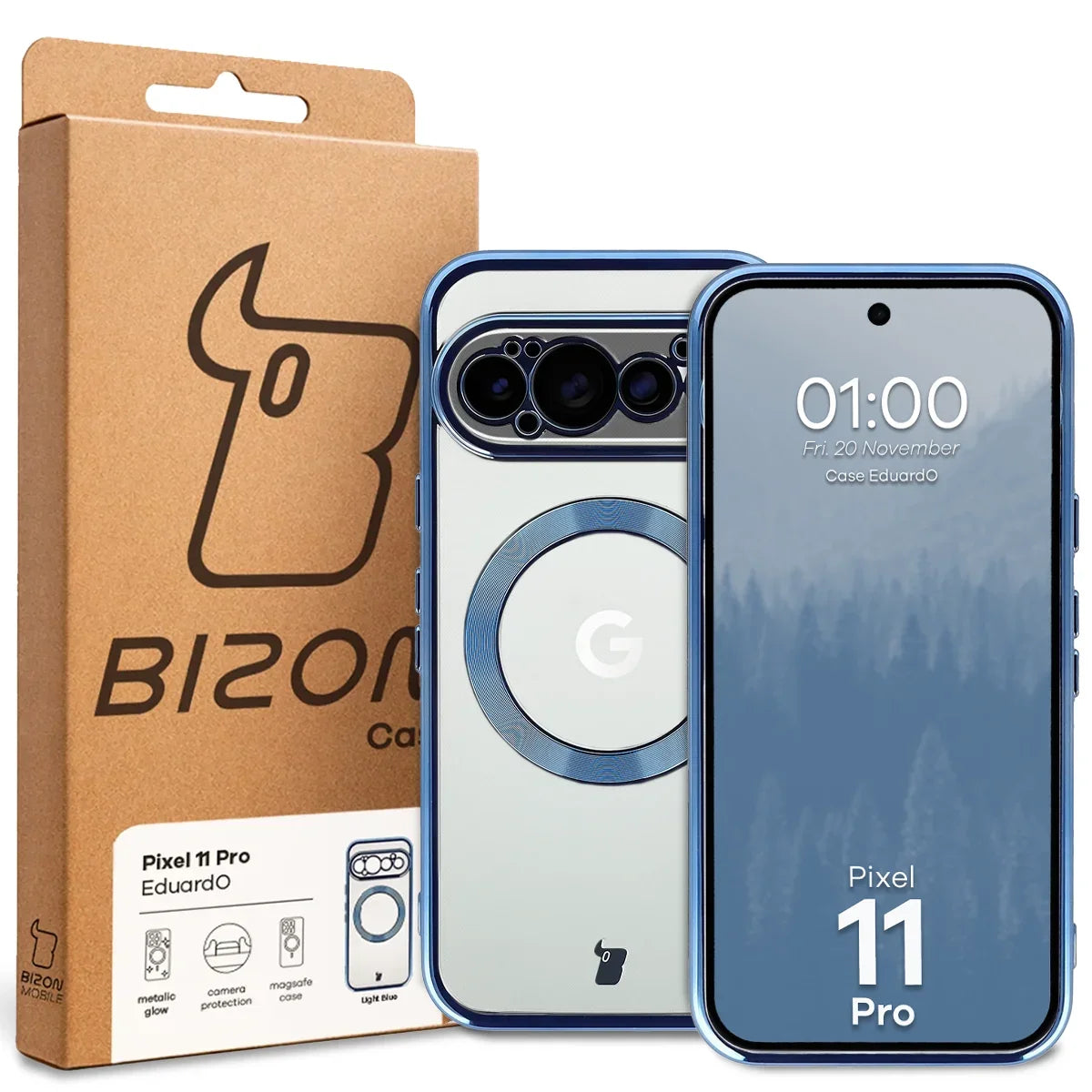 Handyhülle mit Magnetring für Google Pixel 11 Pro, Bizon Case EduardO, Transparent-Blau