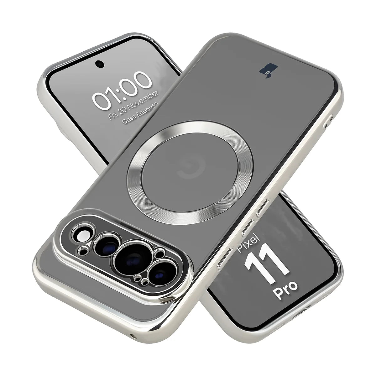 Handyhülle mit Magnetring für Google Pixel 11 Pro, Bizon Case EduardO, Transparent-Silbern