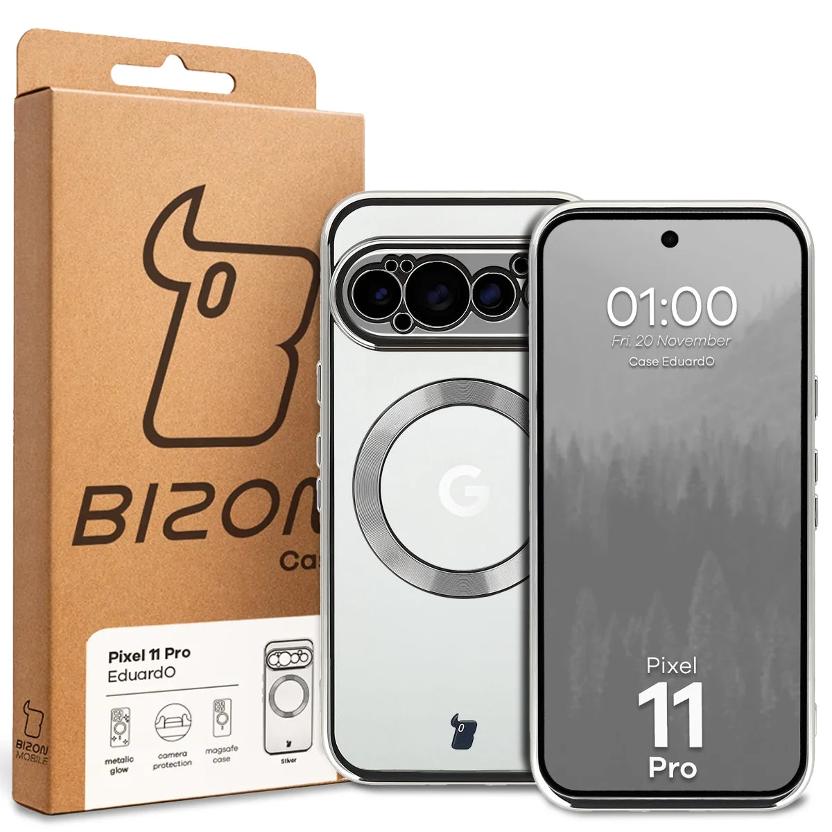 Handyhülle mit Magnetring für Google Pixel 11 Pro, Bizon Case EduardO, Transparent-Silbern