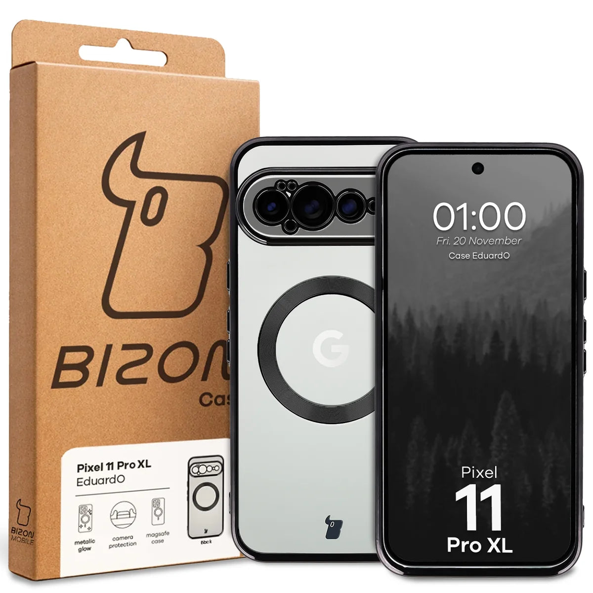 Handyhülle mit Magnetring für Google Pixel 11 Pro XL, Bizon Case EduardO, Transparent-Schwarz