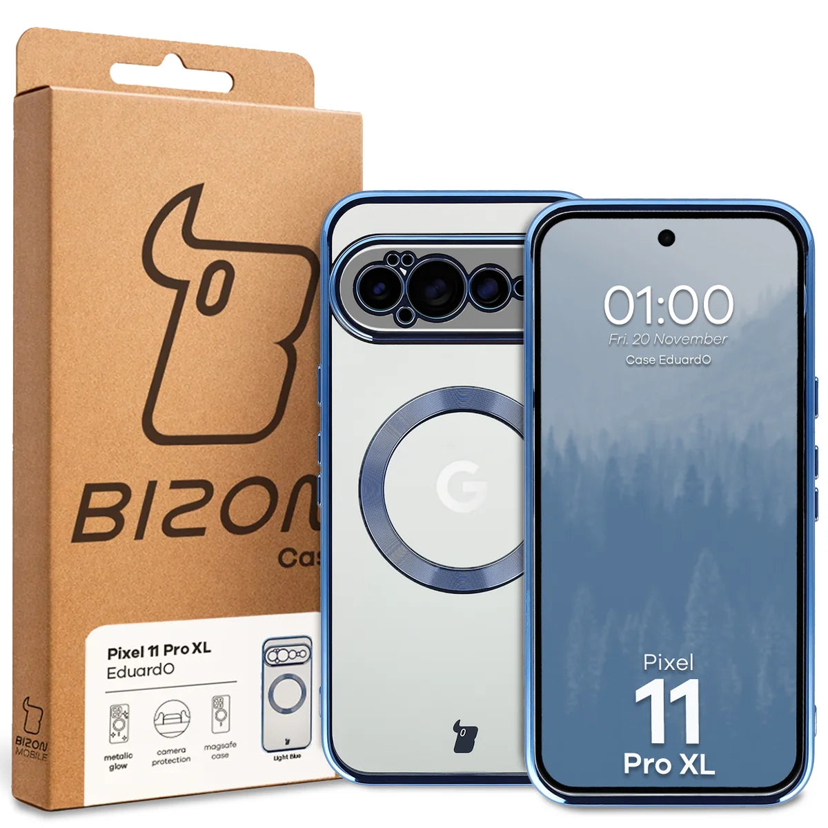 Handyhülle mit Magnetring für Google Pixel 11 Pro XL, Bizon Case EduardO, Transparent-Blau