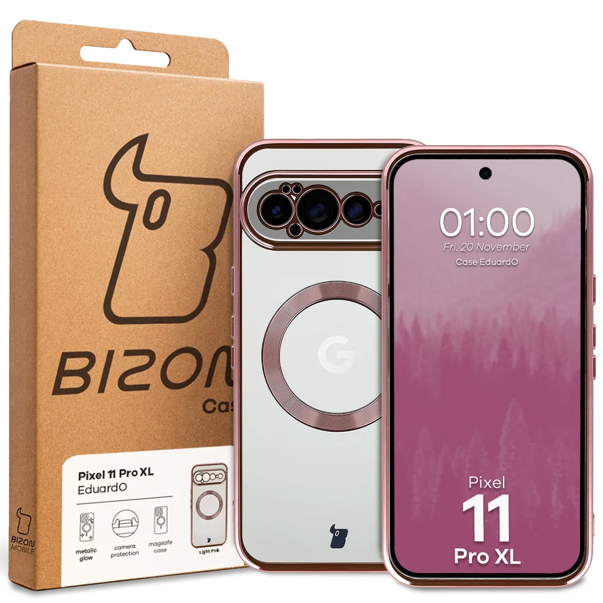 Handyhülle mit Magnetring für Google Pixel 11 Pro XL, Bizon Case EduardO, Transparent-Rosa