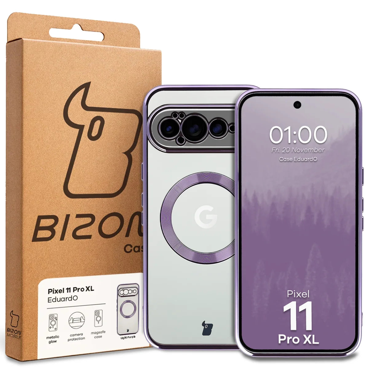 Handyhülle mit Magnetring für Google Pixel 11 Pro XL, Bizon Case EduardO, Transparent-Violet