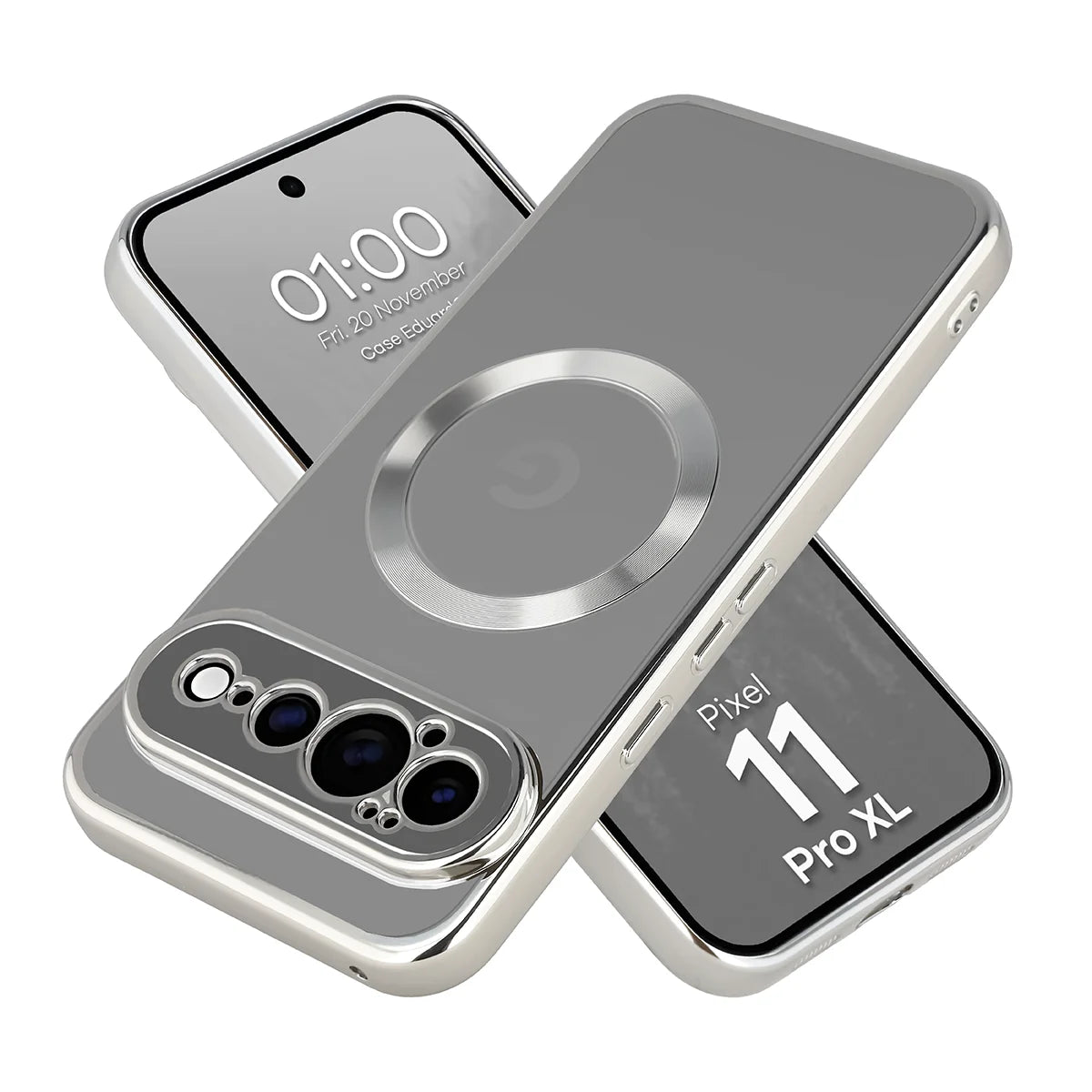 Handyhülle mit Magnetring für Google Pixel 11 Pro XL, Bizon Case EduardO, Transparent-Silbern