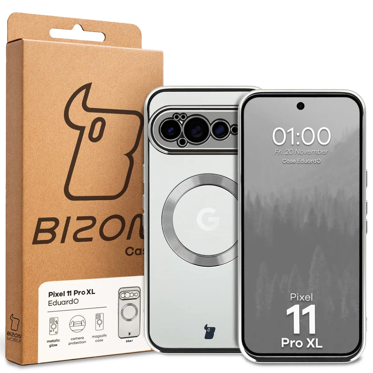 Handyhülle mit Magnetring für Google Pixel 11 Pro XL, Bizon Case EduardO, Transparent-Silbern