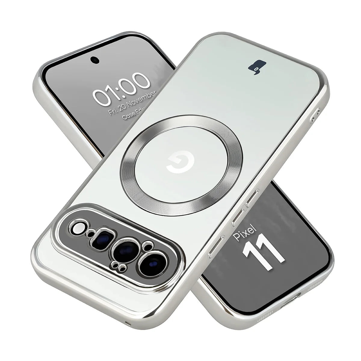 Handyhülle mit Magnetring für Google Pixel 11, Bizon Case EduardO, Transparent-Silbern