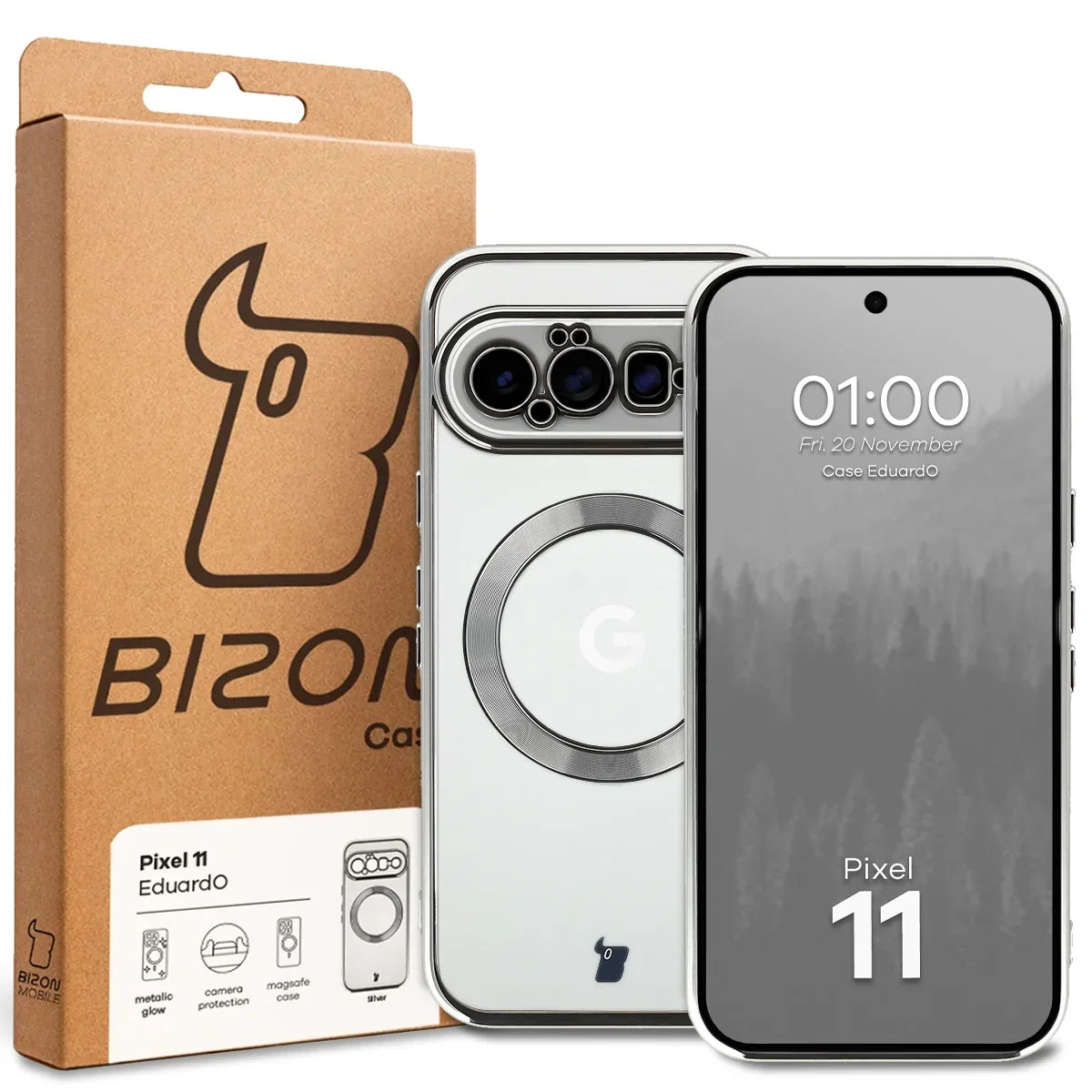 Handyhülle mit Magnetring für Google Pixel 11, Bizon Case EduardO, Transparent-Silbern