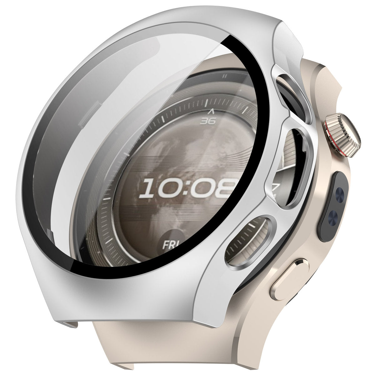 Schutzhülle mit Glas für Huawei Watch 5 42 mm, Bizon Case+Glass Watch, Satin Silber