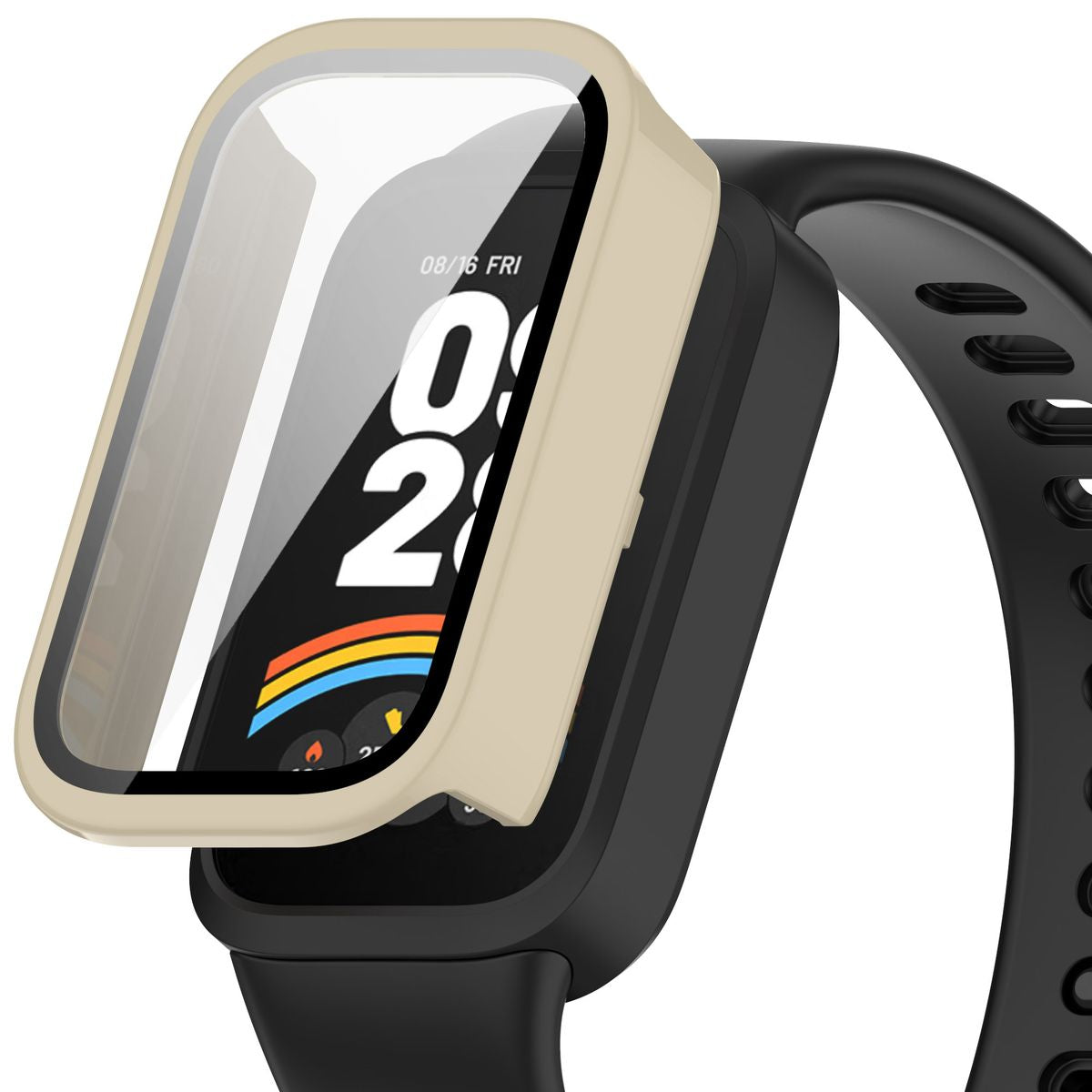 Schutzhülle mit Glas für Xiaomi Smart Band 9 Active / Redmi Band 3, Bizon Case+Glass Watch, Beige