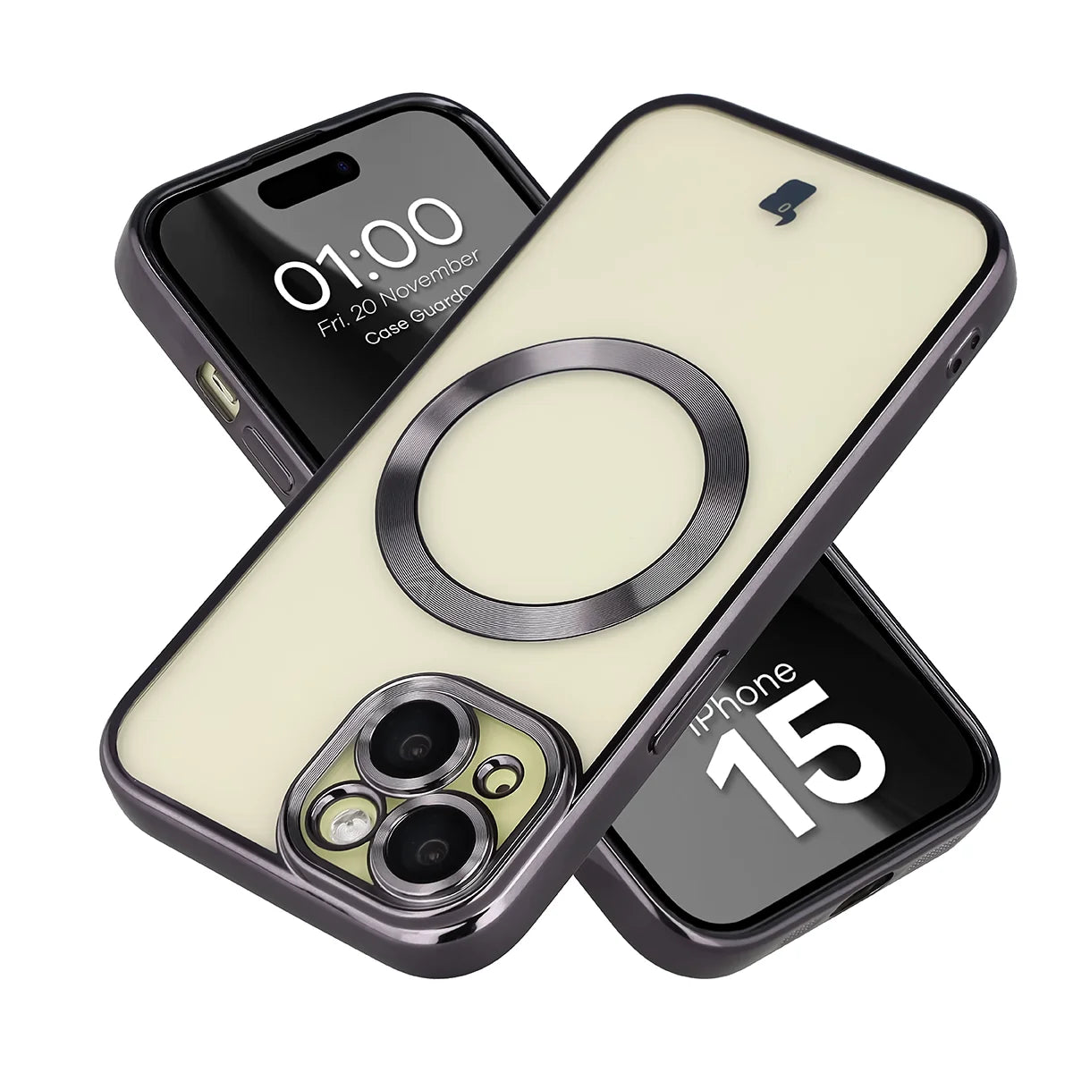 Handyhülle mit Kameraschutz und Magnetring für iPhone 15, Bizon Case GuardO, Transparent-Schwarz