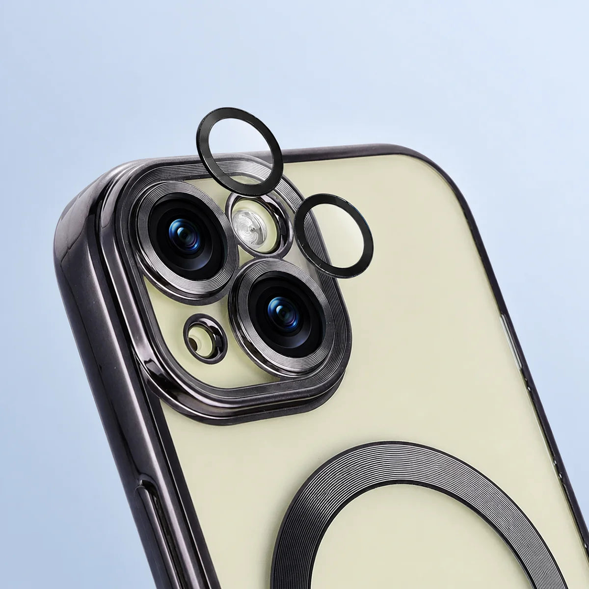 Handyhülle mit Kameraschutz und Magnetring für iPhone 15, Bizon Case GuardO, Transparent-Schwarz