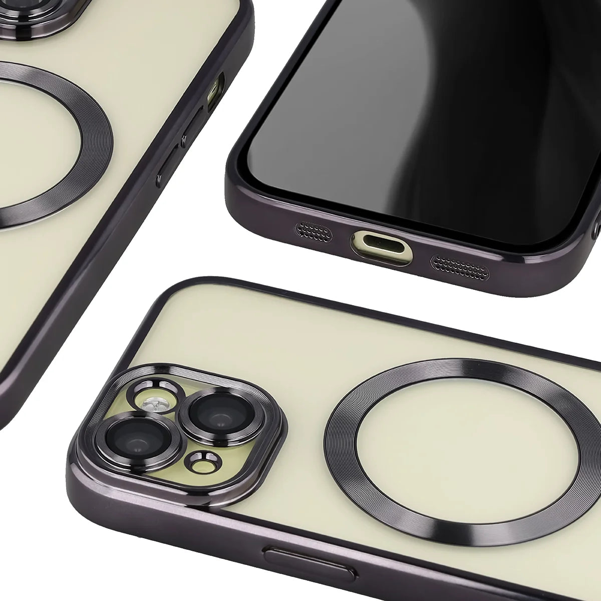 Handyhülle mit Kameraschutz und Magnetring für iPhone 15, Bizon Case GuardO, Transparent-Schwarz
