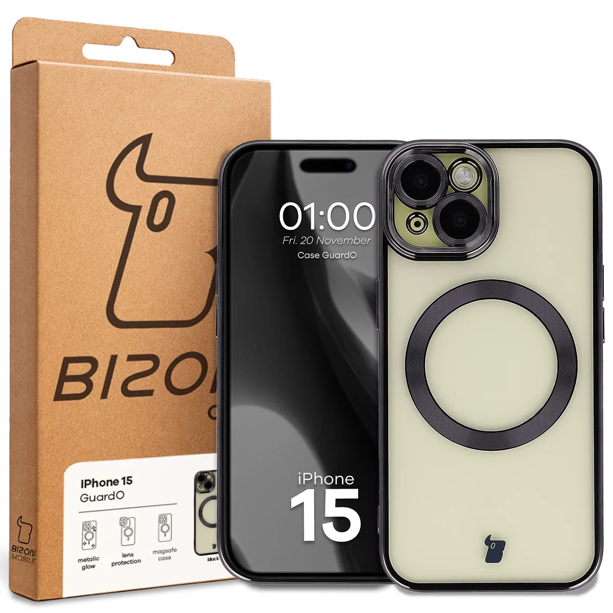 Handyhülle mit Kameraschutz und Magnetring für iPhone 15, Bizon Case GuardO, Transparent-Schwarz