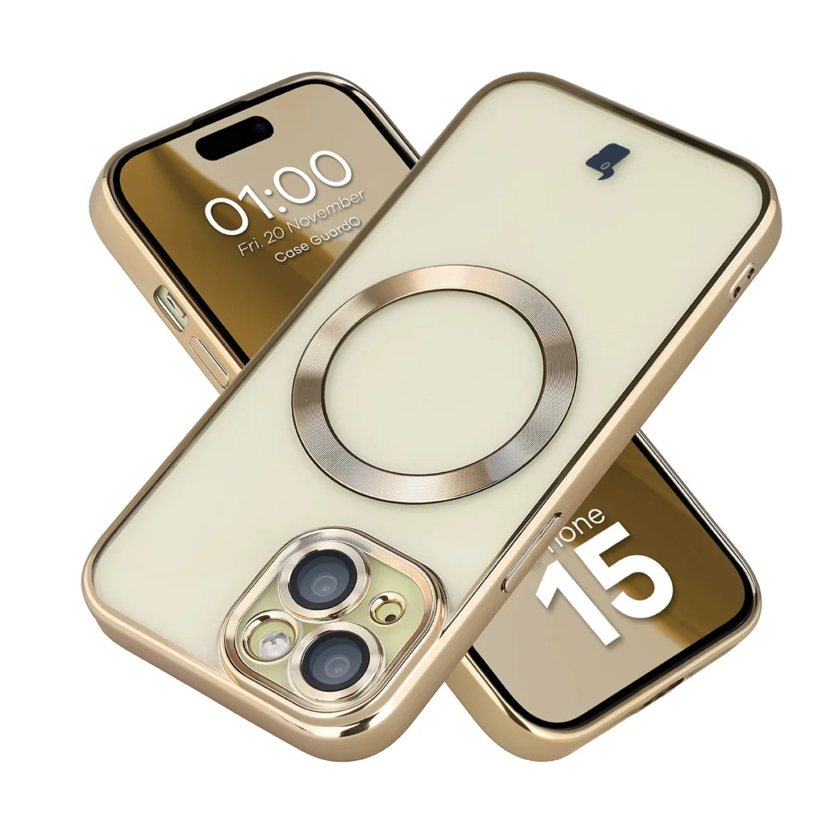 Handyhülle mit Kameraschutz und Magnetring für iPhone 15, Bizon Case GuardO, Transparent-Golden