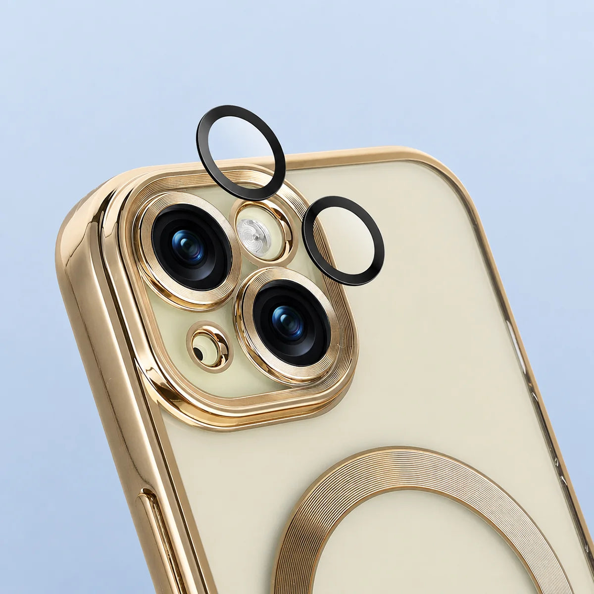 Handyhülle mit Kameraschutz und Magnetring für iPhone 15, Bizon Case GuardO, Transparent-Golden