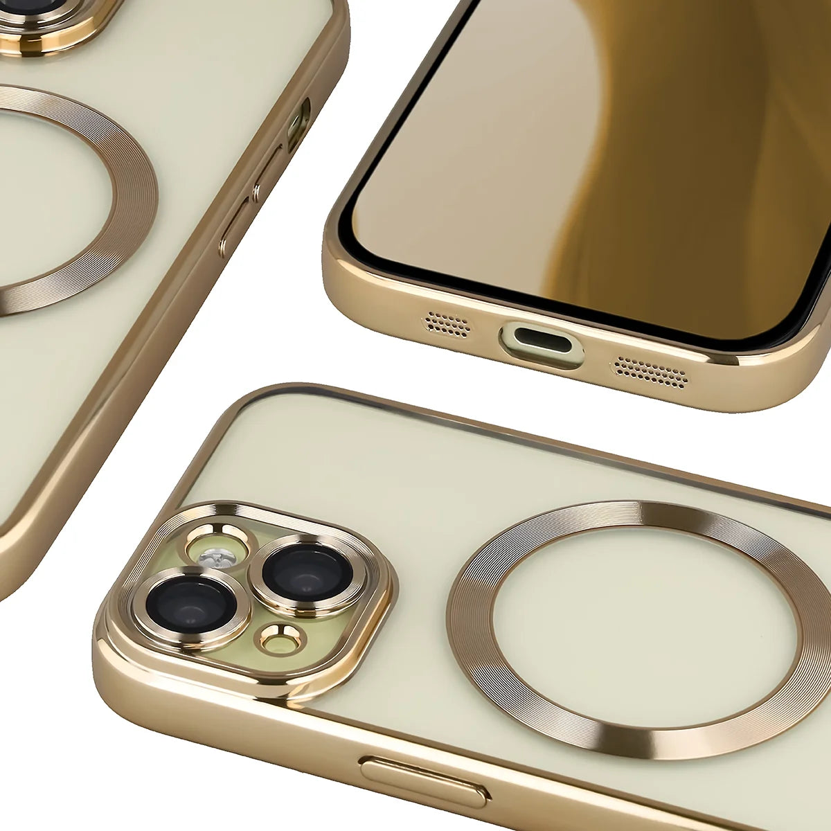 Handyhülle mit Kameraschutz und Magnetring für iPhone 15, Bizon Case GuardO, Transparent-Golden
