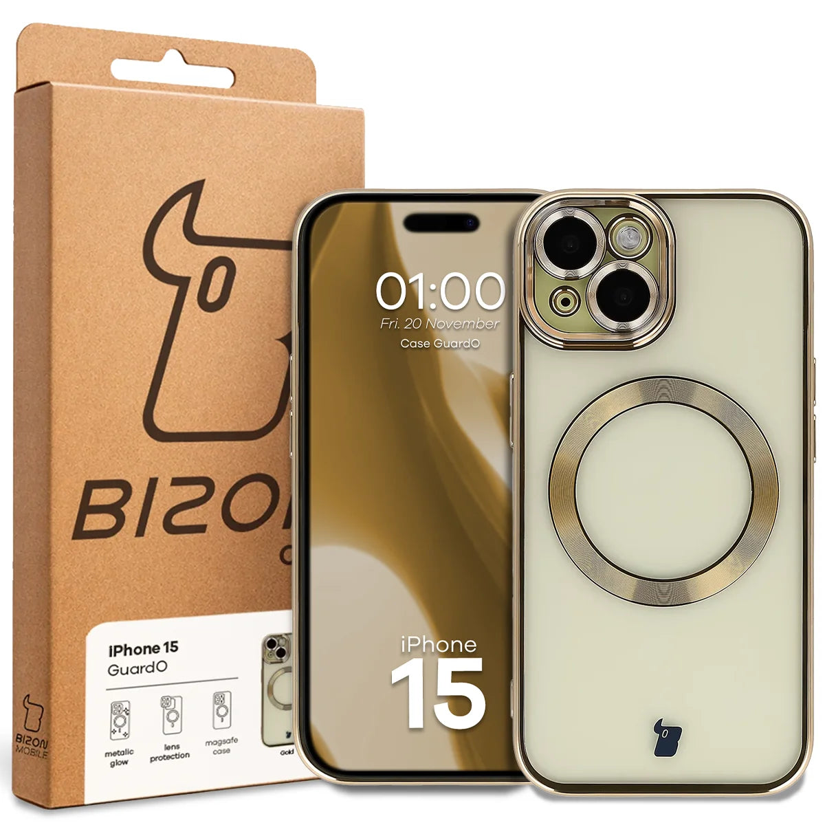 Handyhülle mit Kameraschutz und Magnetring für iPhone 15, Bizon Case GuardO, Transparent-Golden