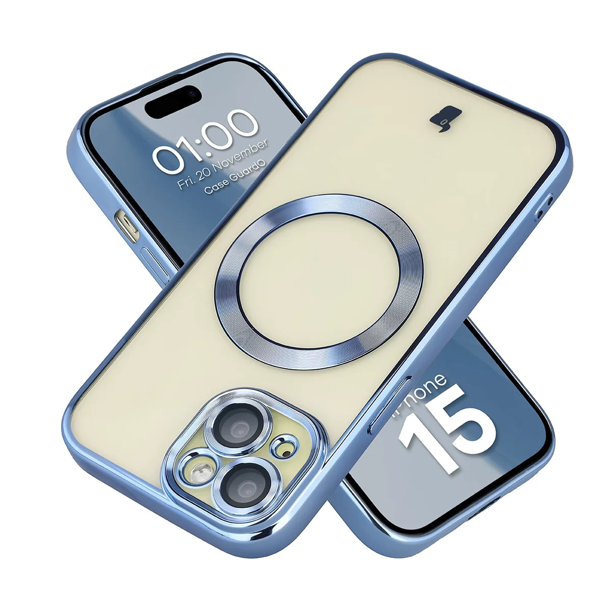 Handyhülle mit Kameraschutz und Magnetring für iPhone 15, Bizon Case GuardO, Transparent-Blau