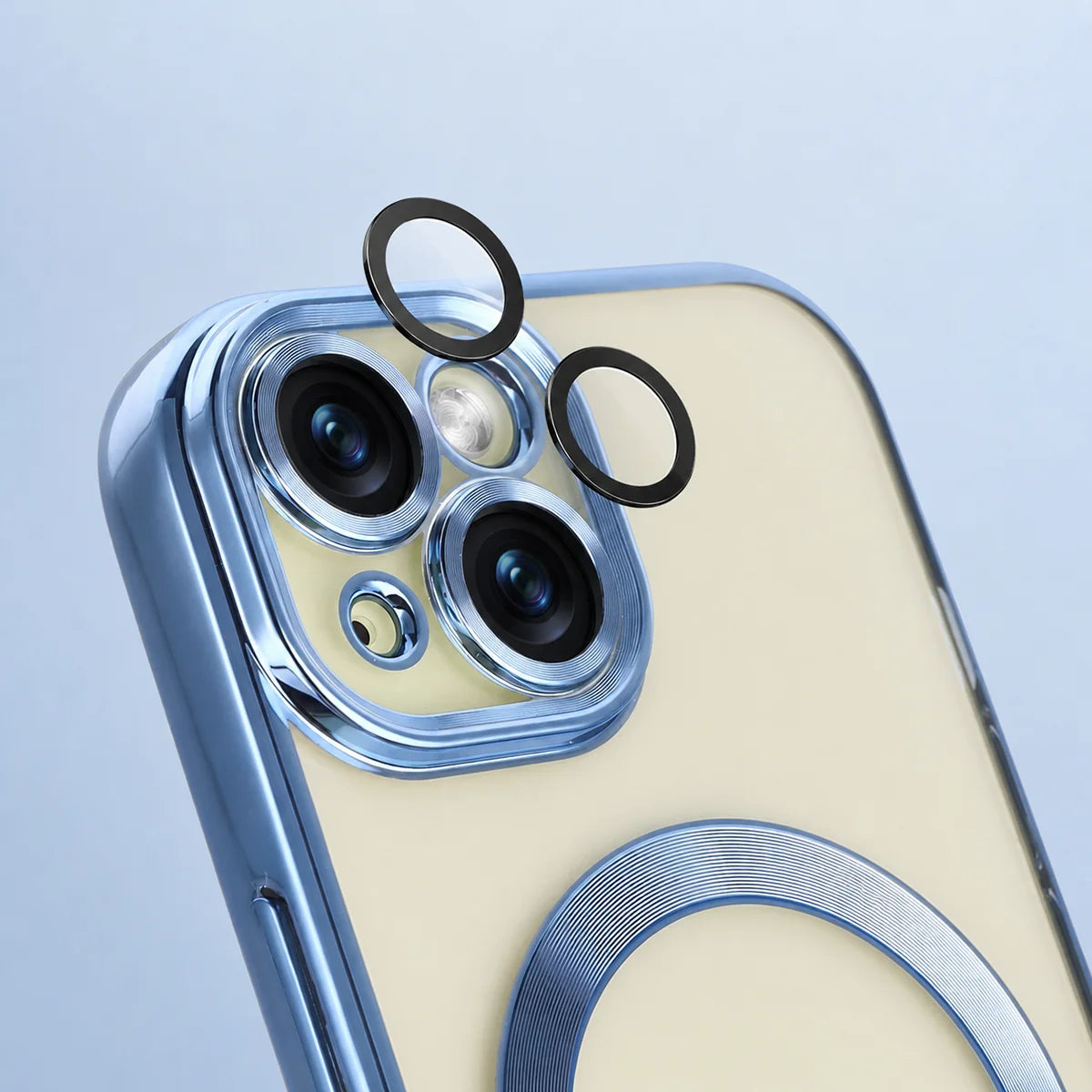 Handyhülle mit Kameraschutz und Magnetring für iPhone 15, Bizon Case GuardO, Transparent-Blau