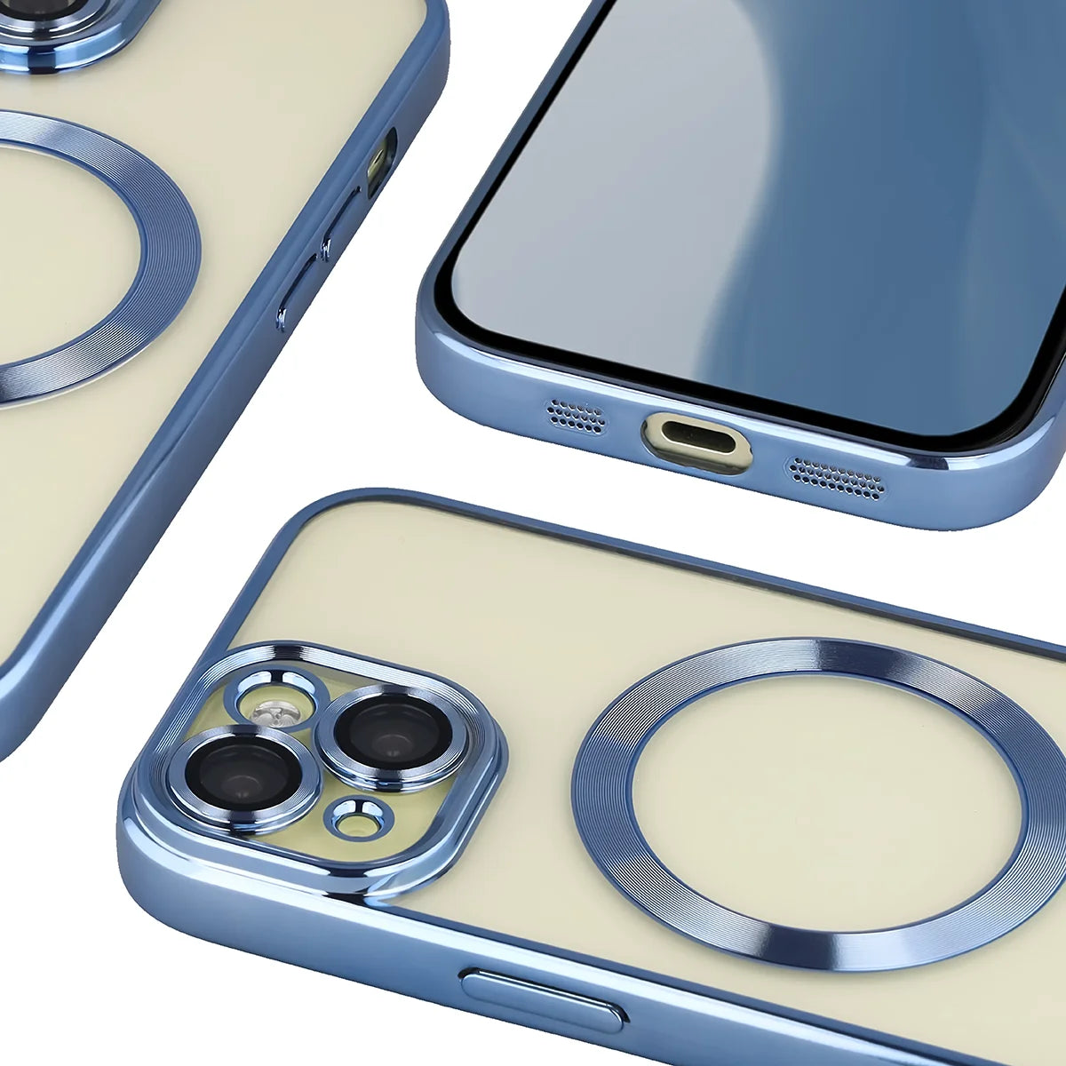 Handyhülle mit Kameraschutz und Magnetring für iPhone 15, Bizon Case GuardO, Transparent-Blau