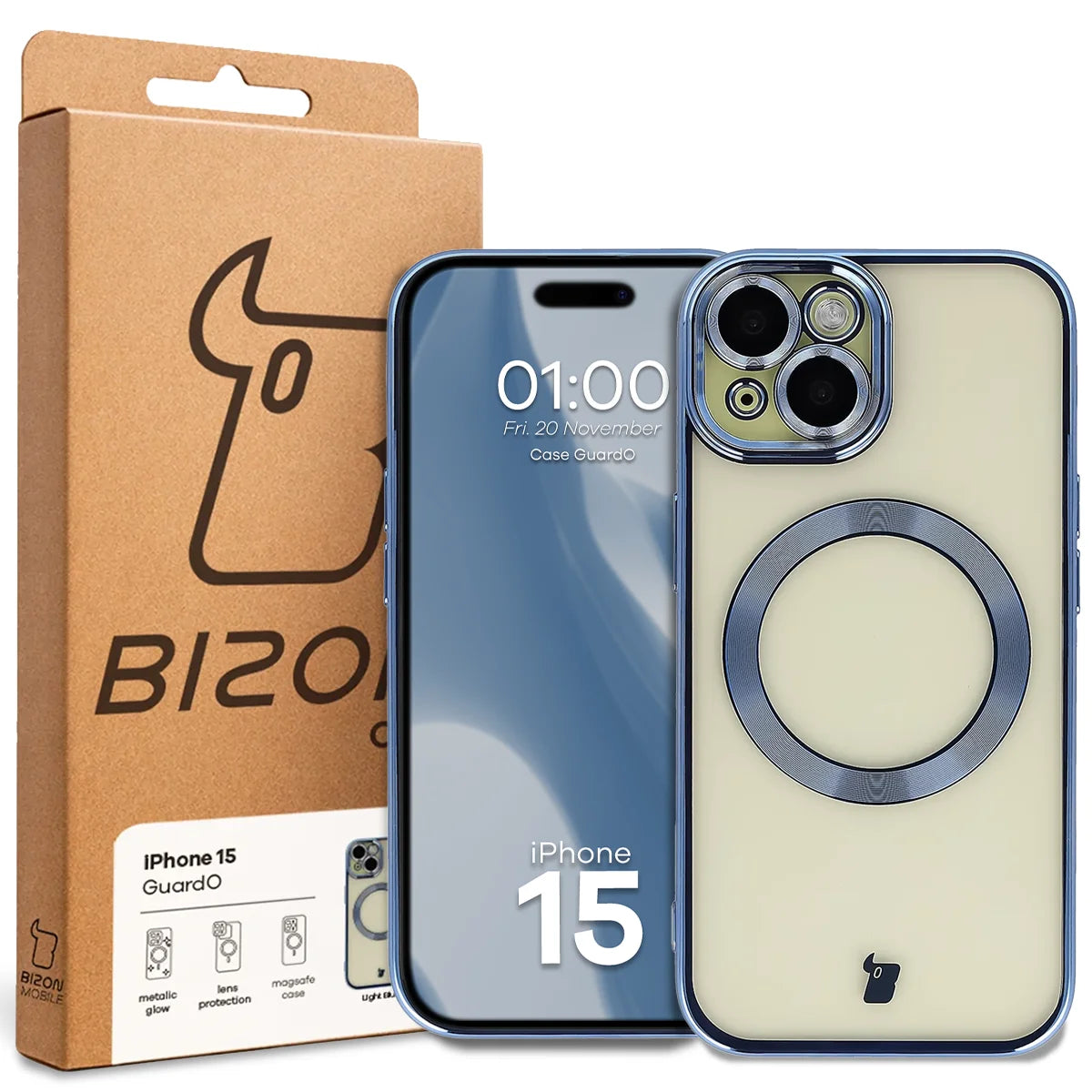 Handyhülle mit Kameraschutz und Magnetring für iPhone 15, Bizon Case GuardO, Transparent-Blau