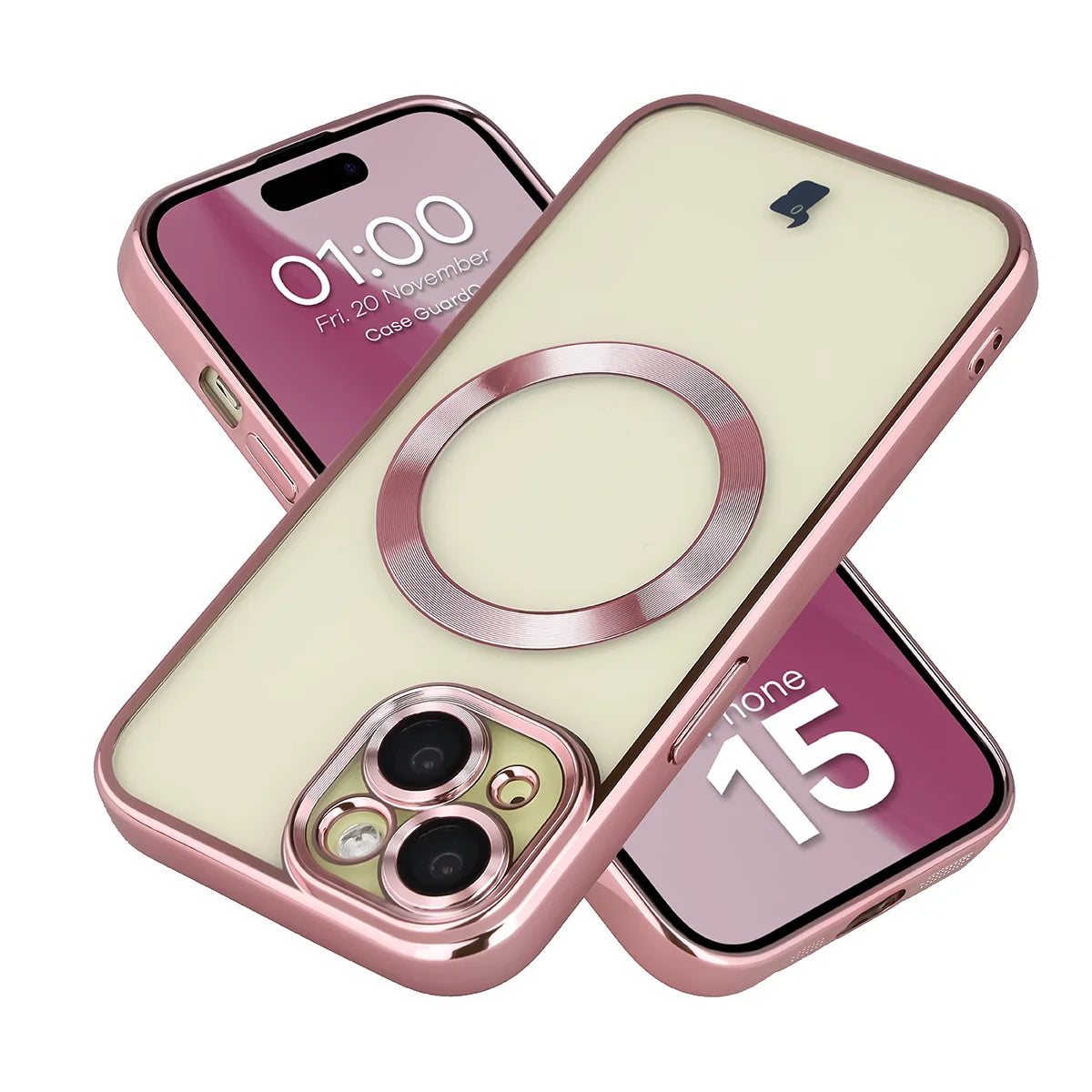 Handyhülle mit Kameraschutz und Magnetring für iPhone 15, Bizon Case GuardO, Transparent-Rosa