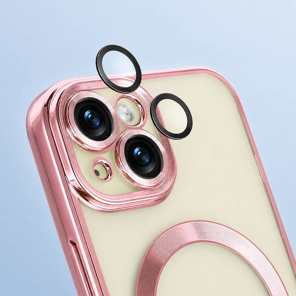 Handyhülle mit Kameraschutz und Magnetring für iPhone 15, Bizon Case GuardO, Transparent-Rosa