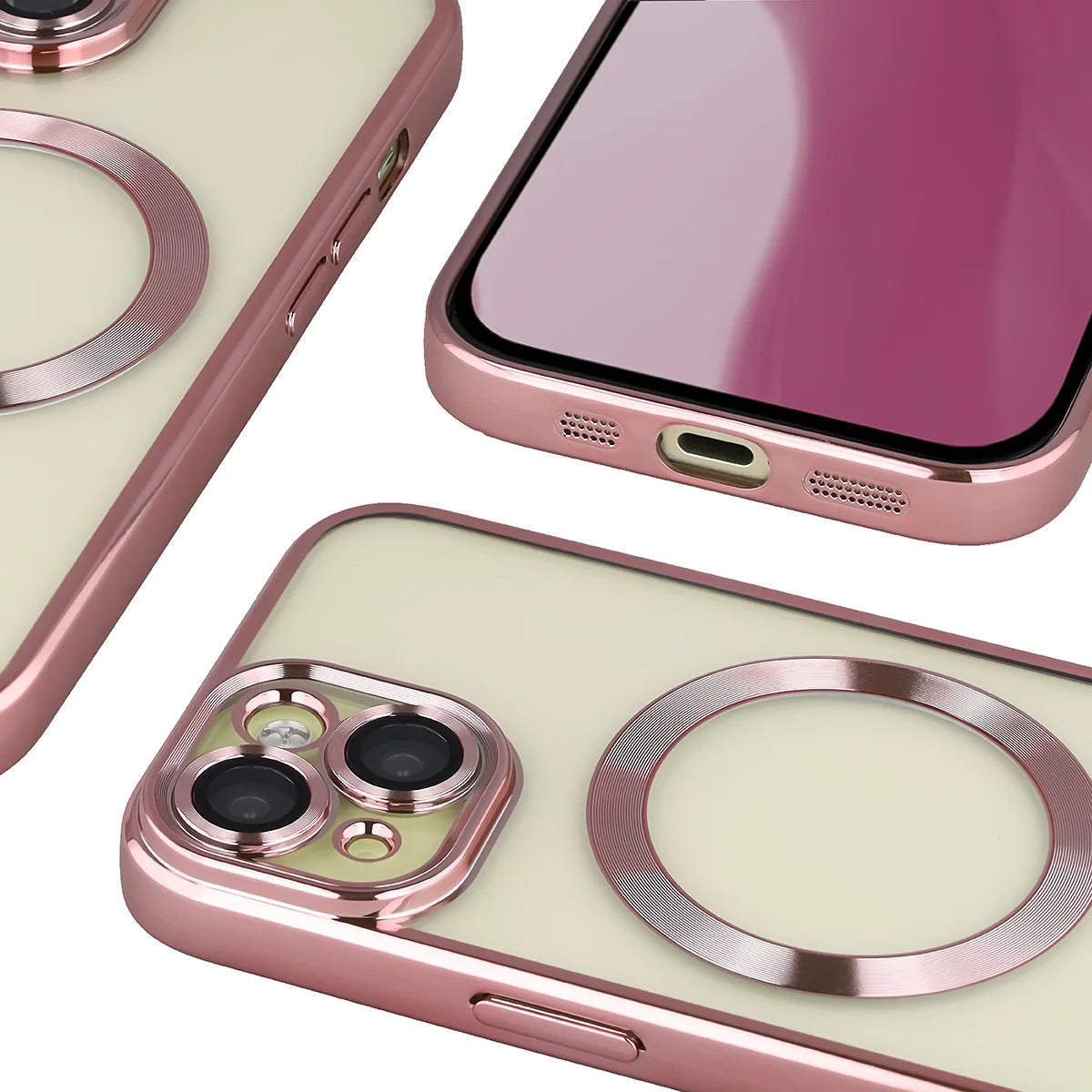 Handyhülle mit Kameraschutz und Magnetring für iPhone 15, Bizon Case GuardO, Transparent-Rosa