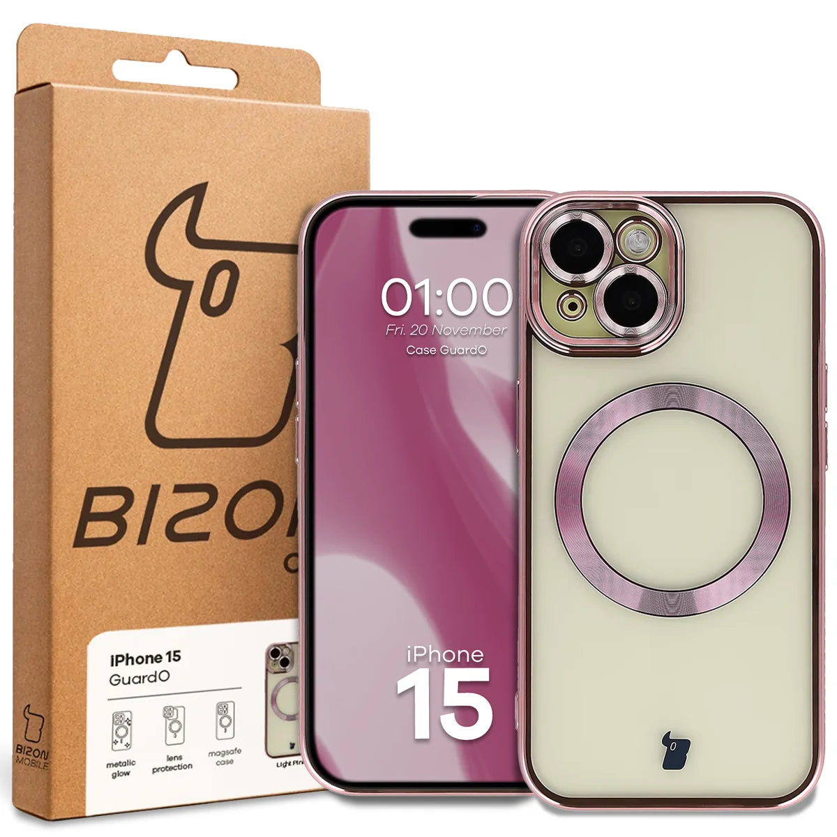 Handyhülle mit Kameraschutz und Magnetring für iPhone 15, Bizon Case GuardO, Transparent-Rosa