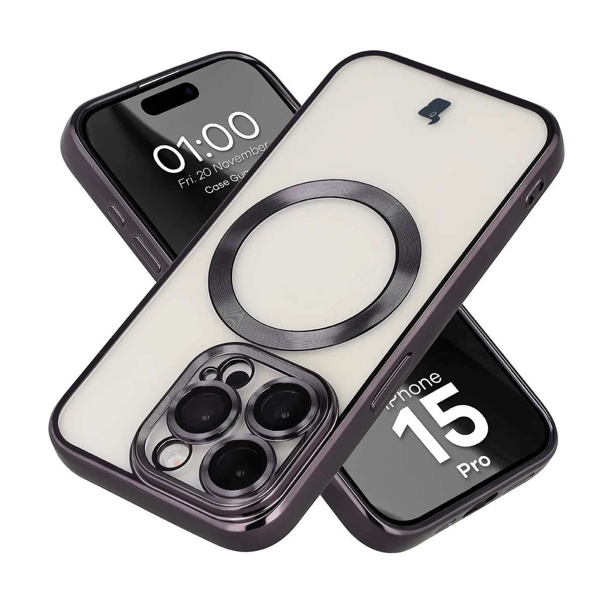 Handyhülle mit Kameraschutz und Magnetring für iPhone 15 Pro, Bizon Case GuardO, Transparent-Schwarz