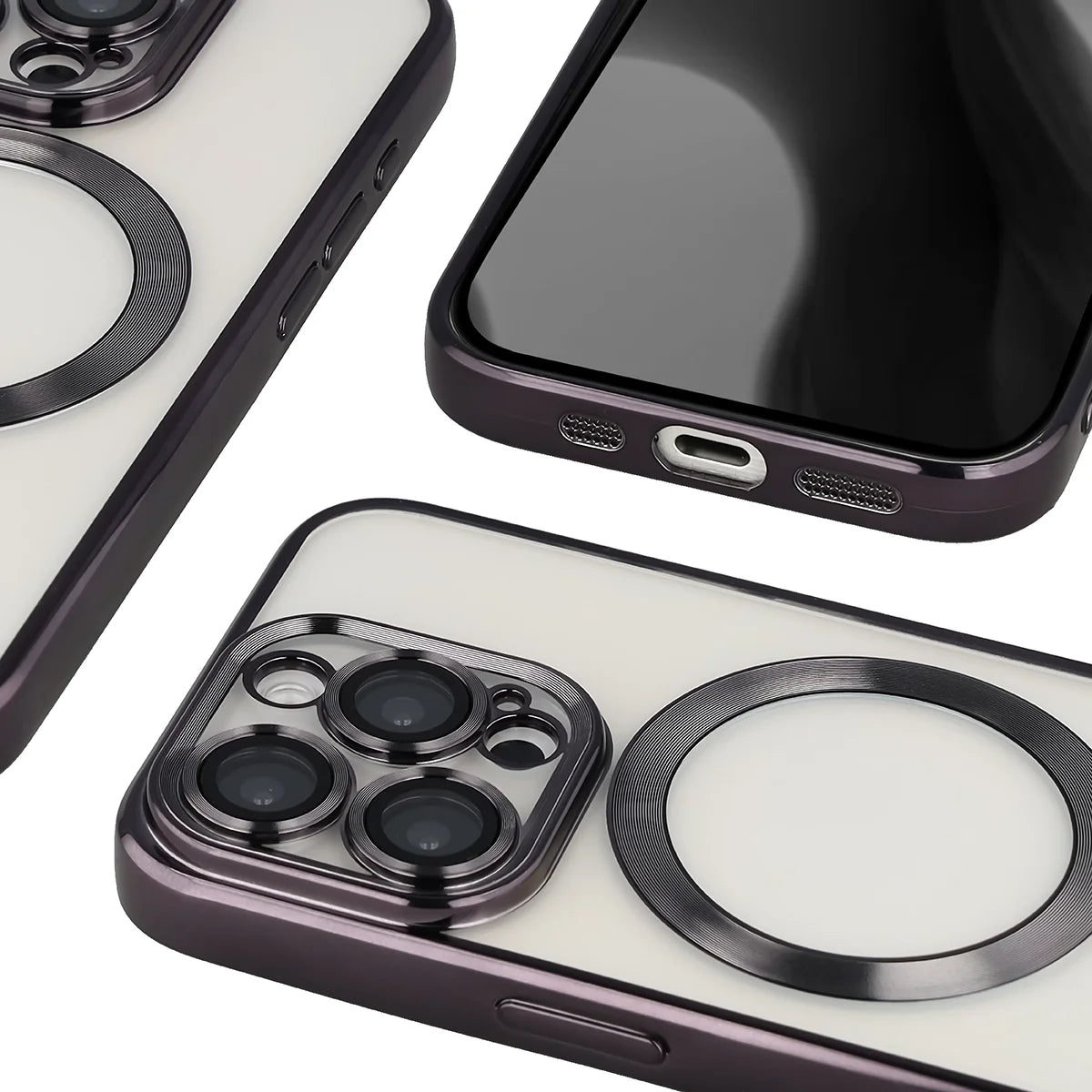 Handyhülle mit Kameraschutz und Magnetring für iPhone 15 Pro, Bizon Case GuardO, Transparent-Schwarz