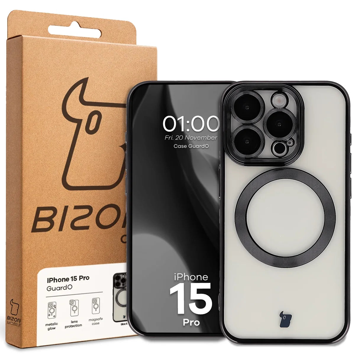 Handyhülle mit Kameraschutz und Magnetring für iPhone 15 Pro, Bizon Case GuardO, Transparent-Schwarz