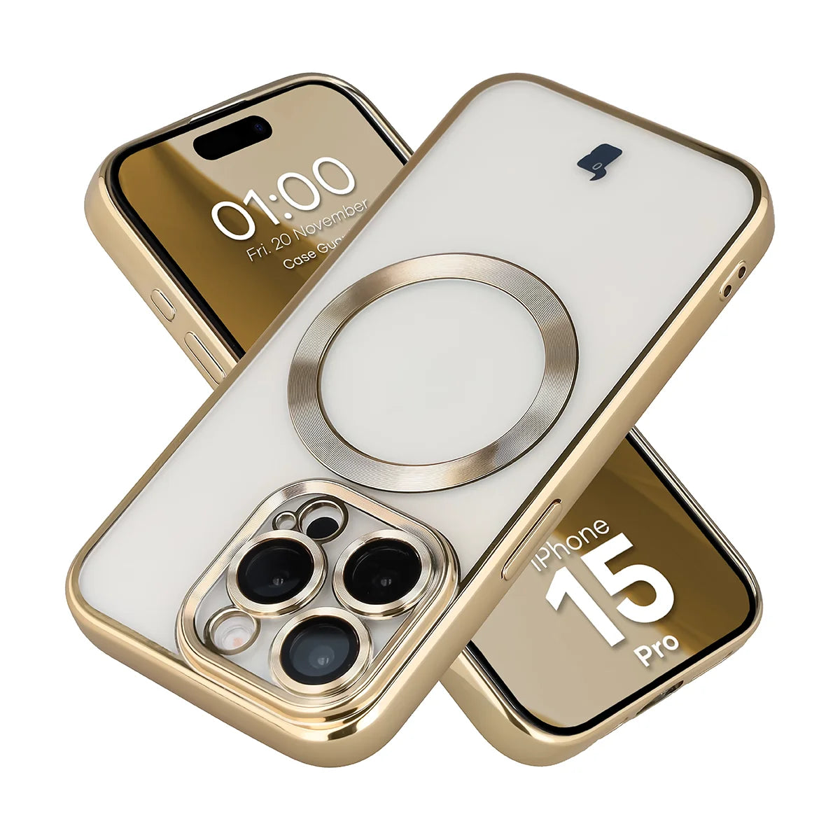 Handyhülle mit Kameraschutz und Magnetring für iPhone 15 Pro, Bizon Case GuardO, Transparent-Golden