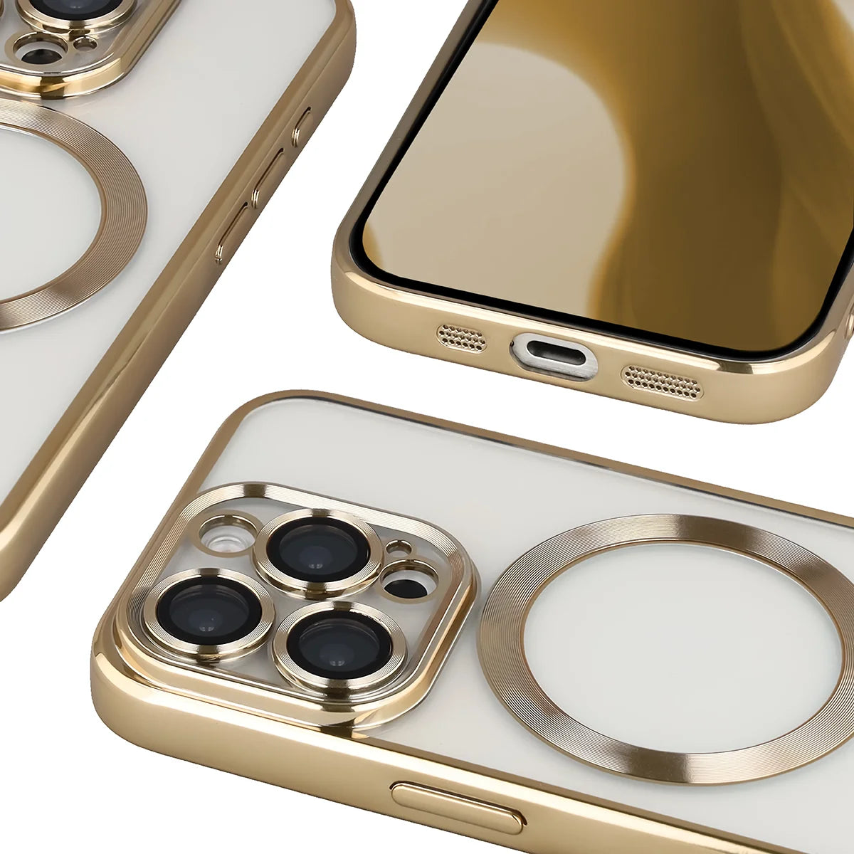 Handyhülle mit Kameraschutz und Magnetring für iPhone 15 Pro, Bizon Case GuardO, Transparent-Golden