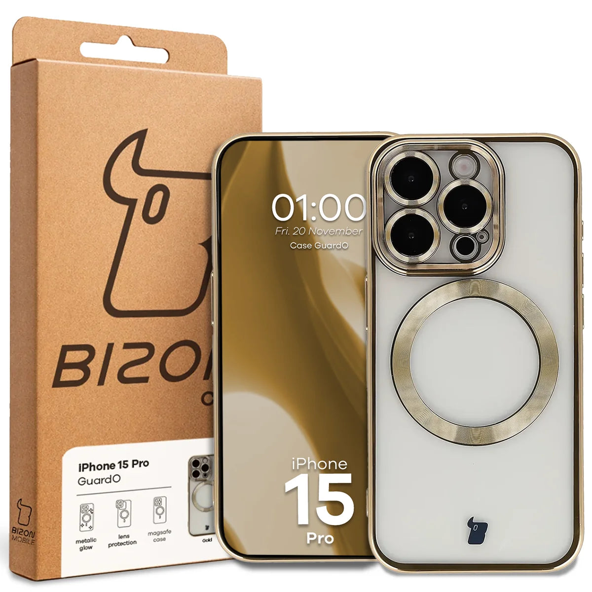 Handyhülle mit Kameraschutz und Magnetring für iPhone 15 Pro, Bizon Case GuardO, Transparent-Golden